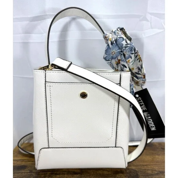 STEVE MADDEN Bellie Bucket White Shoulder Bag/Purse Detachable Strap Scarf - Picture 1 of 16